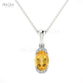 Half Halo Minimalist Pendant In 14k Solid Gold Citrine 7x5mm Gemstone Diamond Pendant