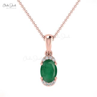 Half Halo Emerald Gemstone Pendant 14k Solid Gold Diamond Pendant For Wedding Gift