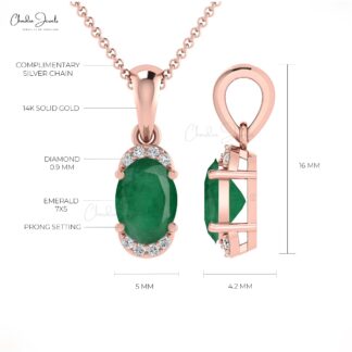 Half Halo Emerald Gemstone Pendant 14k Solid Gold Diamond Pendant For Wedding Gift