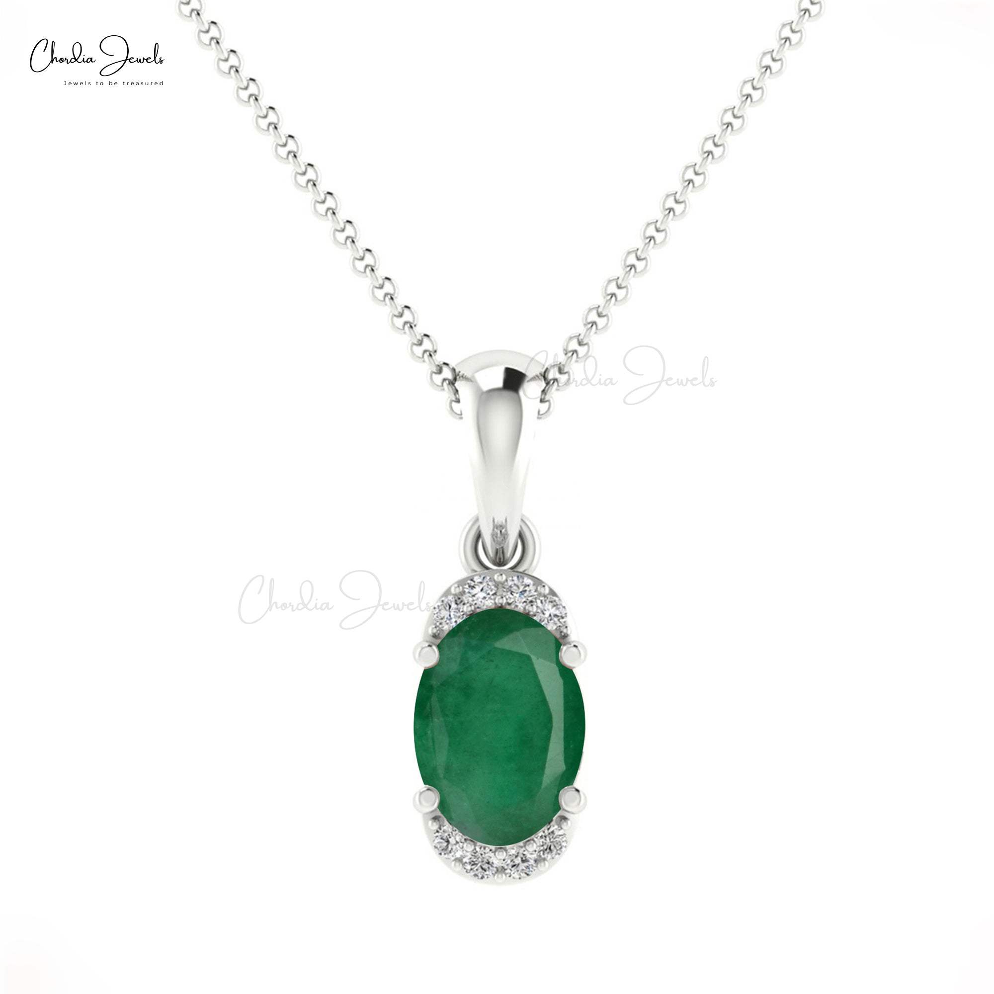 Half Halo Emerald Gemstone Pendant 14k Solid Gold Diamond Pendant For Wedding Gift