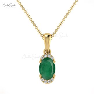 Half Halo Emerald Gemstone Pendant 14k Solid Gold Diamond Pendant For Wedding Gift