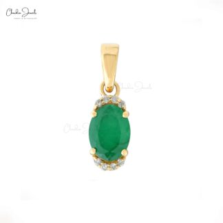 Half Halo Pendant With Genuine Emerald & White Diamond 14k Yellow Gold Light Weight Pendant