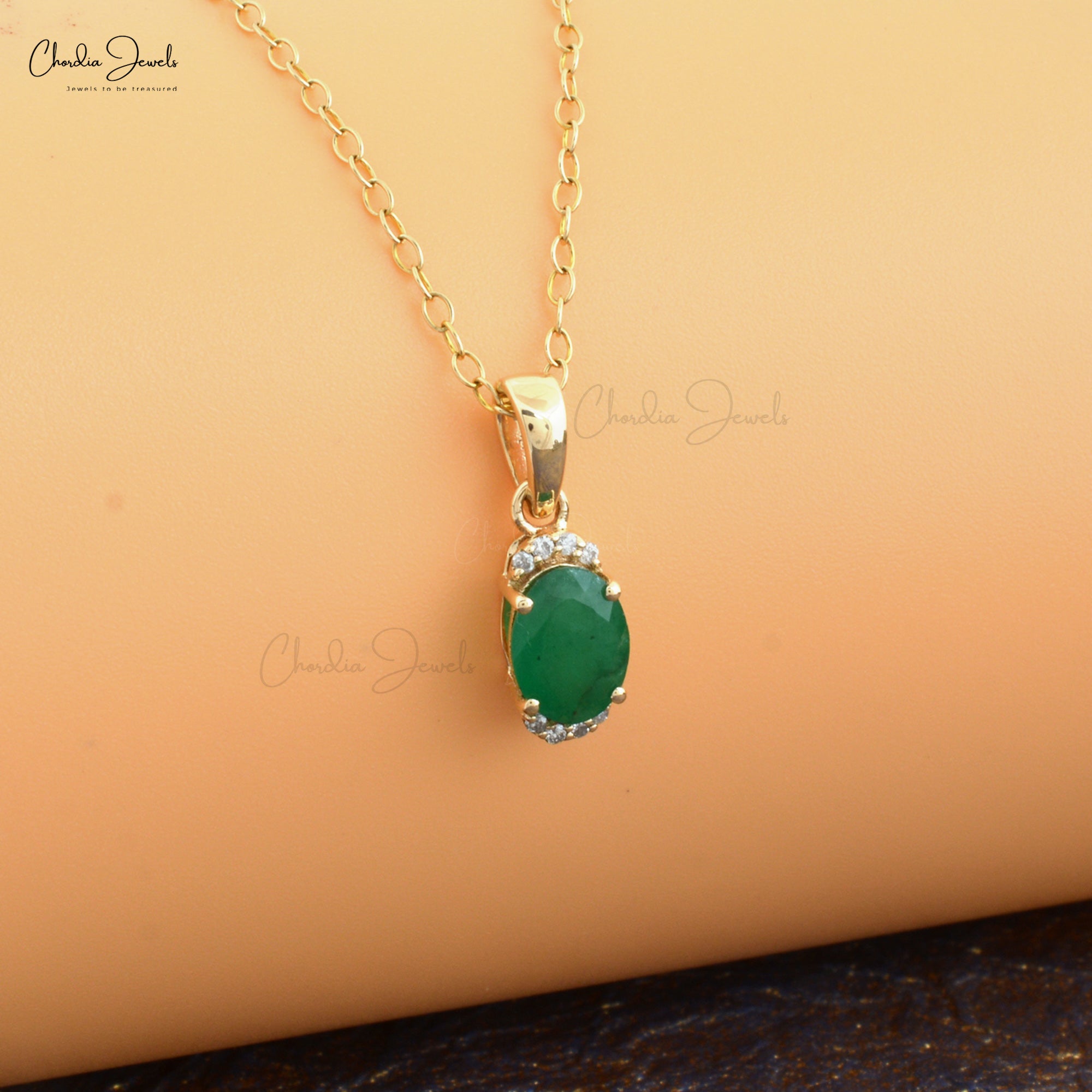 Half Halo Pendant With Genuine Emerald & White Diamond 14k Yellow Gold Light Weight Pendant