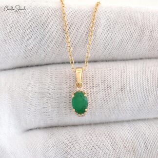 Half Halo Pendant With Genuine Emerald & White Diamond 14k Yellow Gold Light Weight Pendant