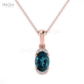 Dainty Diamond Half Halo Pendant With 0.47 Ct London Blue Topaz 14k Solid Gold Unique Pendant