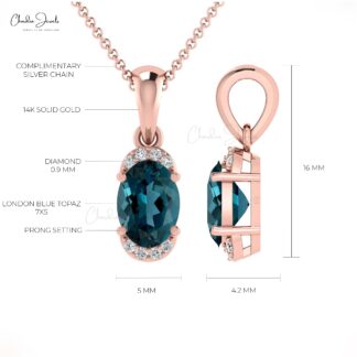 Dainty Diamond Half Halo Pendant With 0.47 Ct London Blue Topaz 14k Solid Gold Unique Pendant