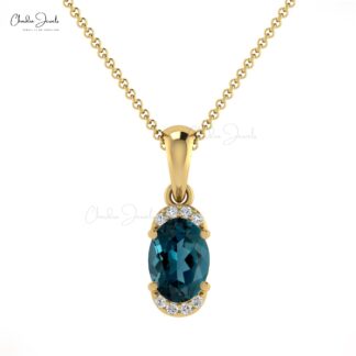Dainty Diamond Half Halo Pendant With 0.47 Ct London Blue Topaz 14k Solid Gold Unique Pendant