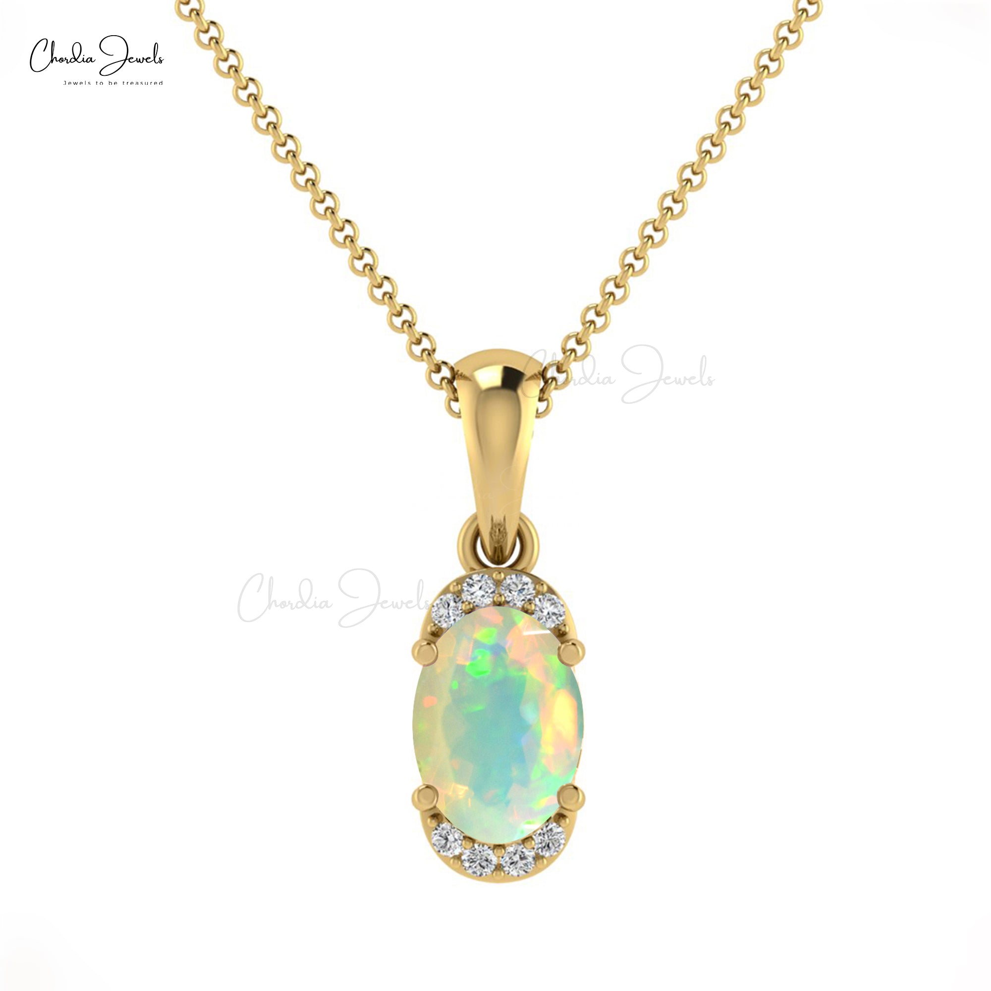 Solid 14k Gold Dangle Pendant With 7x5mm Fire Opal Diamond Half Halo Hallmark Pendant