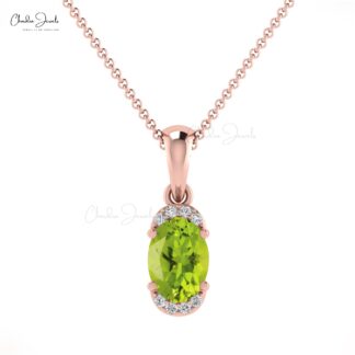 AAA Peridot 7x5mm Gemstone And Diamond Half Halo Pendant In 14k Real Gold Fine Jewelry