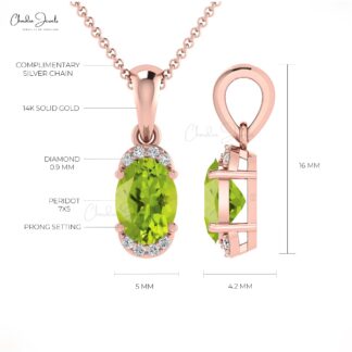 AAA Peridot 7x5mm Gemstone And Diamond Half Halo Pendant In 14k Real Gold Fine Jewelry