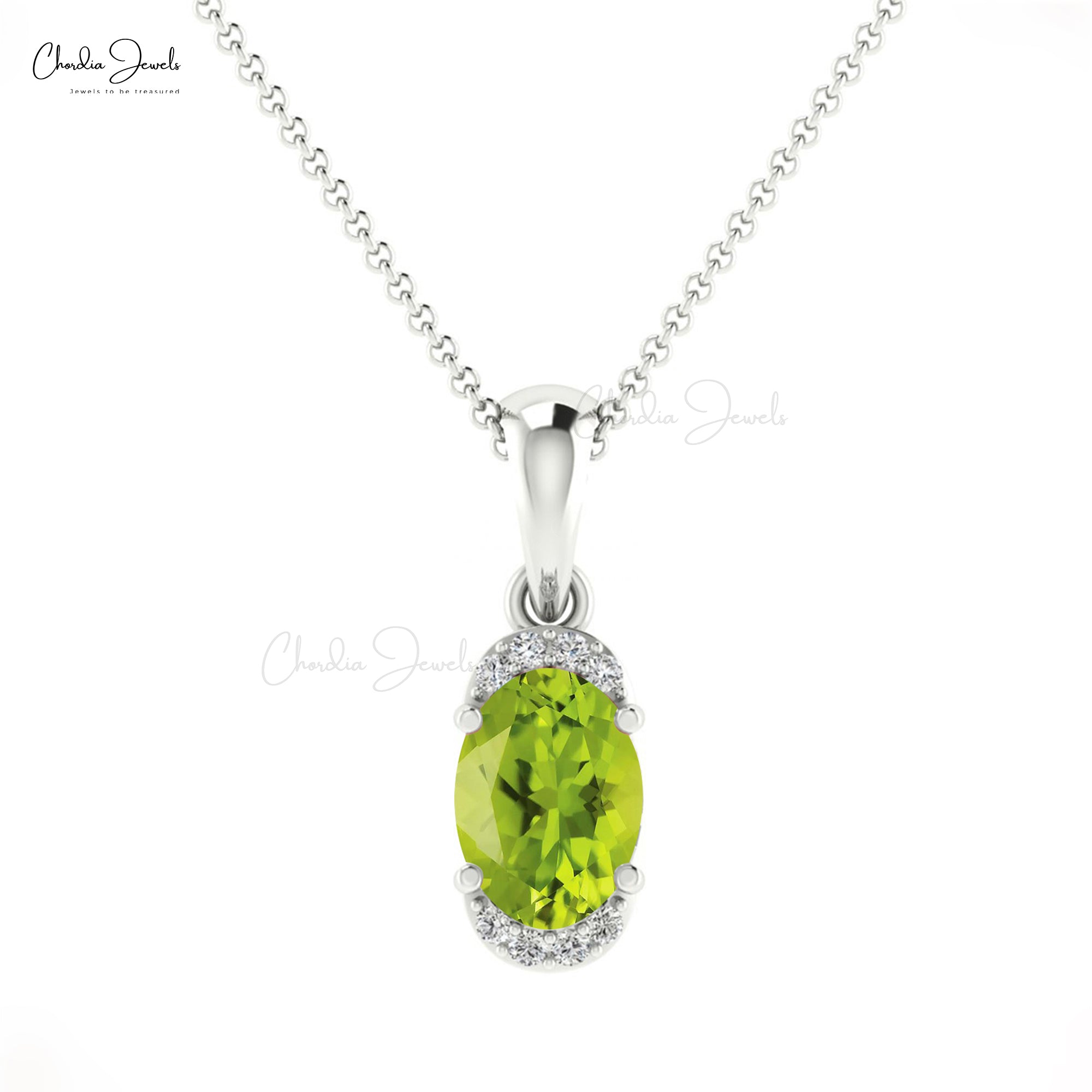 AAA Peridot 7x5mm Gemstone And Diamond Half Halo Pendant In 14k Real Gold Fine Jewelry