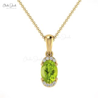AAA Peridot 7x5mm Gemstone And Diamond Half Halo Pendant In 14k Real Gold Fine Jewelry