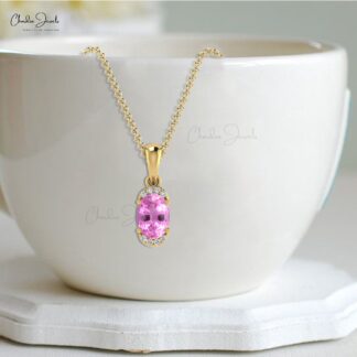Natural Pink Sapphire Half Halo Charm In 14k Solid Gold Small Diamond Pendant For Mom