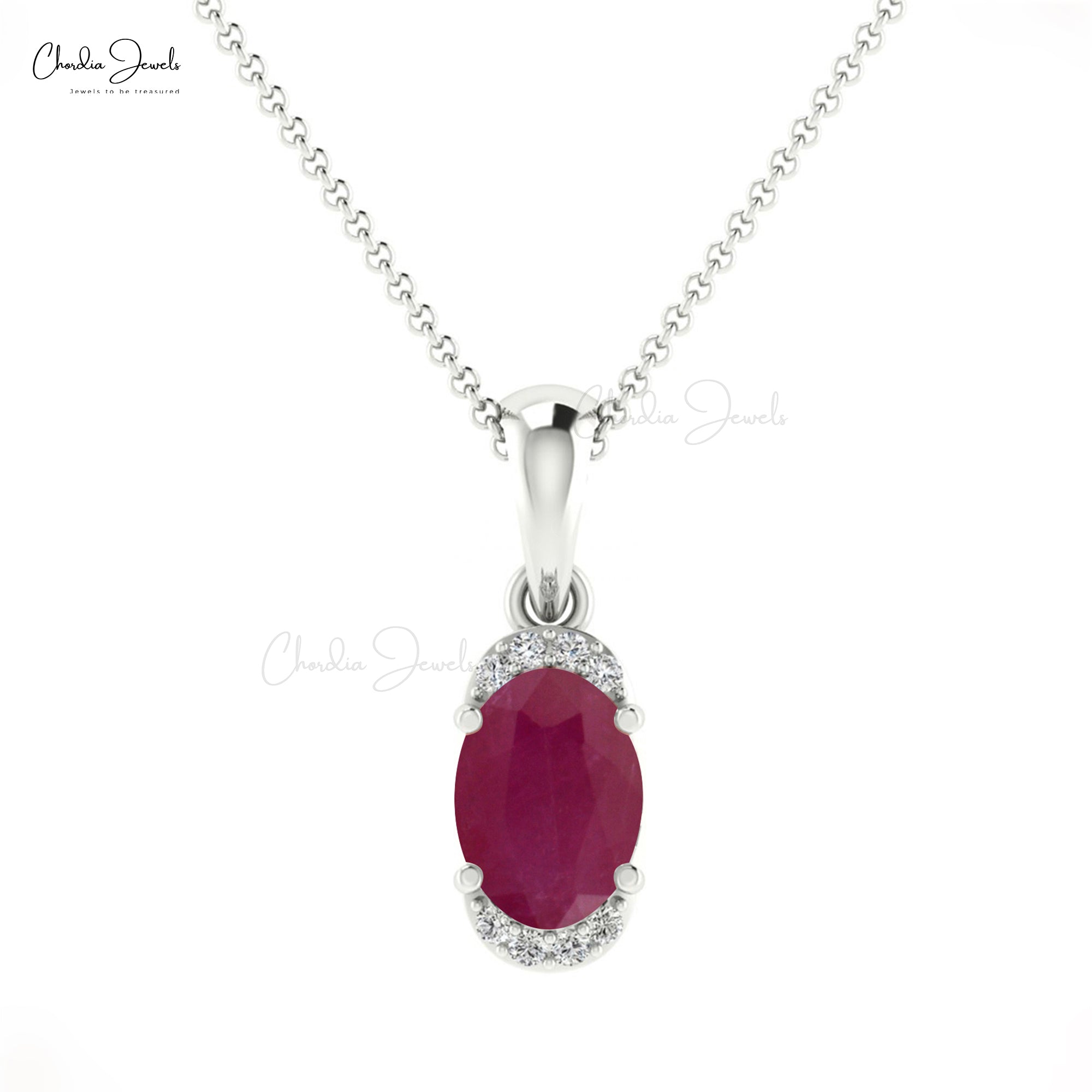 Oval Half Halo Pendant in 14k Real Gold With 7x5mm Ruby Gemstone Diamond Pendants