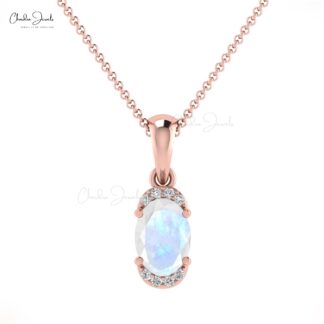 Half Halo Wedding Pendant In 14k Real Gold Moonstone 7x5mm Gemstone Diamond Pendant
