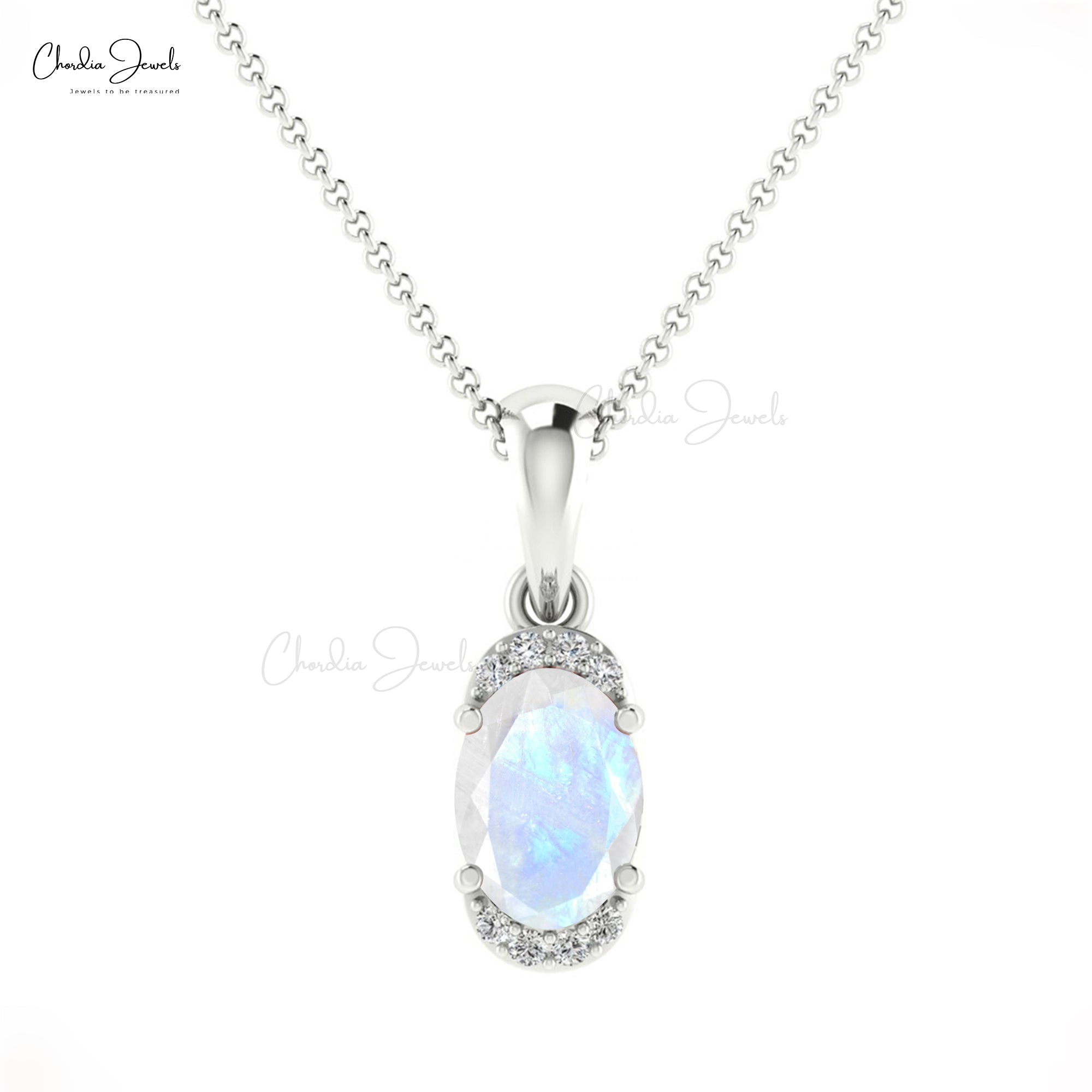 Half Halo Wedding Pendant In 14k Real Gold Moonstone 7x5mm Gemstone Diamond Pendant