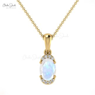 Half Halo Wedding Pendant In 14k Real Gold Moonstone 7x5mm Gemstone Diamond Pendant