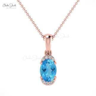 Half Halo Gemstone Pendant in 14k Solid Gold Swiss Blue Topaz And Diamond Dangle Pendant