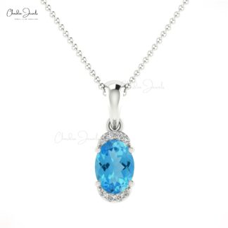 Half Halo Gemstone Pendant in 14k Solid Gold Swiss Blue Topaz And Diamond Dangle Pendant
