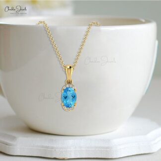 Half Halo Gemstone Pendant in 14k Solid Gold Swiss Blue Topaz And Diamond Dangle Pendant
