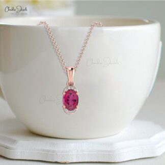 Dangle Gemstone Pendant With 0.85 Ct Pink Tourmaline And Diamond Halfway 14k Gold Necklace