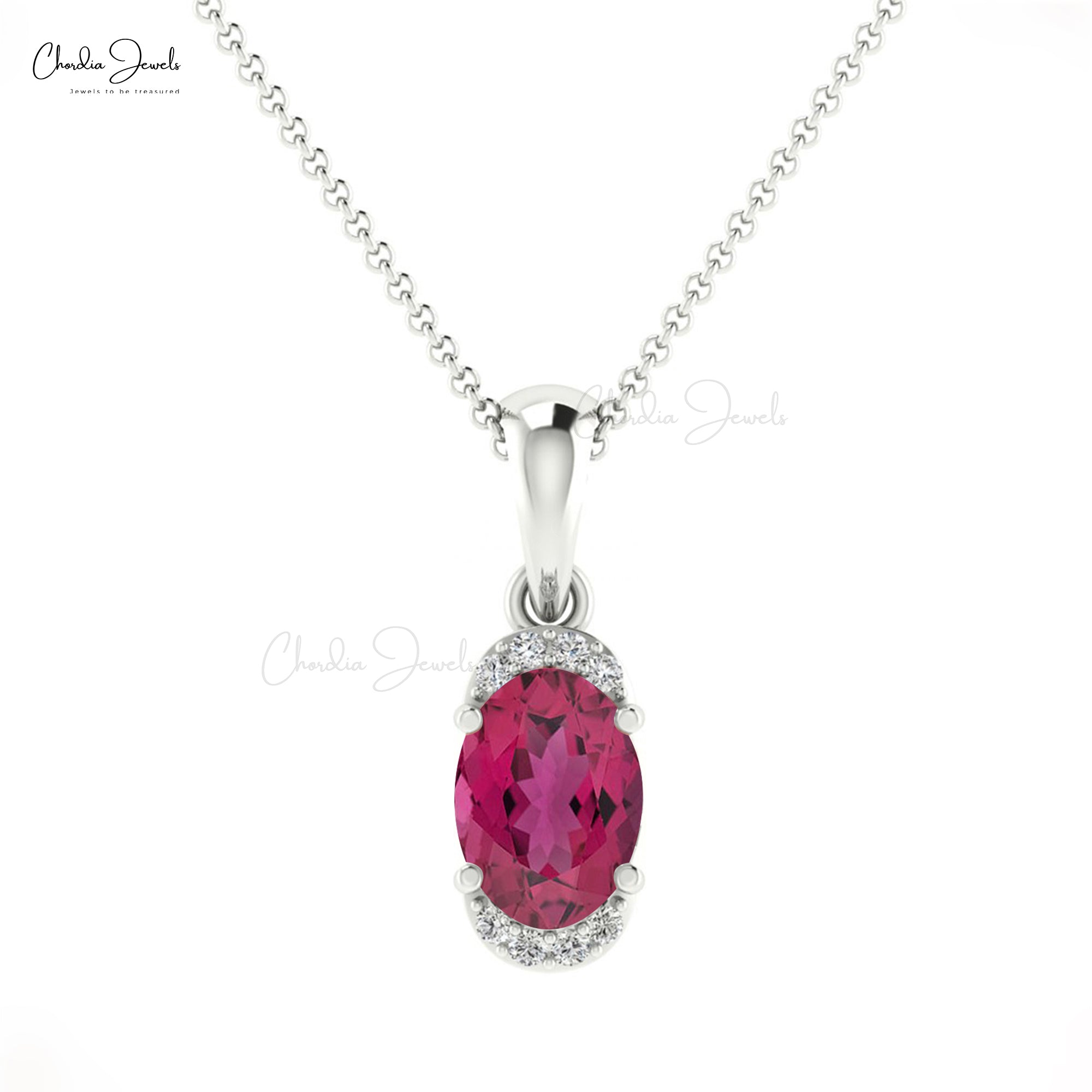 Dangle Gemstone Pendant With 0.85 Ct Pink Tourmaline And Diamond Halfway 14k Gold Necklace