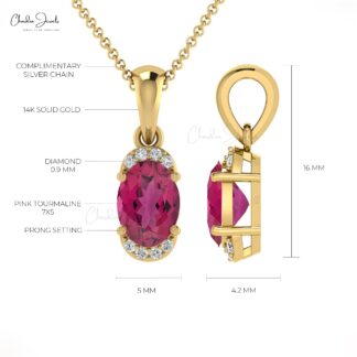 Dangle Gemstone Pendant With 0.85 Ct Pink Tourmaline And Diamond Halfway 14k Gold Necklace