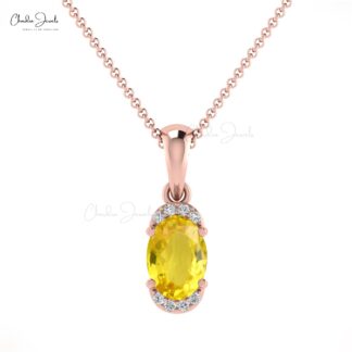 Dangle Gemstone Pendant In 14k Solid Gold Yellow Sapphire And Pave Diamond Half Halo Necklace