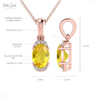 Dangle Gemstone Pendant In 14k Solid Gold Yellow Sapphire And Pave Diamond Half Halo Necklace