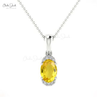 Dangle Gemstone Pendant In 14k Solid Gold Yellow Sapphire And Pave Diamond Half Halo Necklace