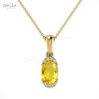 Dangle Gemstone Pendant In 14k Solid Gold Yellow Sapphire And Pave Diamond Half Halo Necklace
