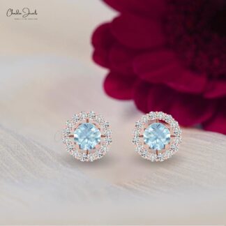 Round Natural Aquamarine and Diamond Halo Earrings for Women in 14K Gold