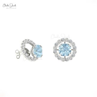 Round Natural Aquamarine and Diamond Halo Earrings for Women in 14K Gold