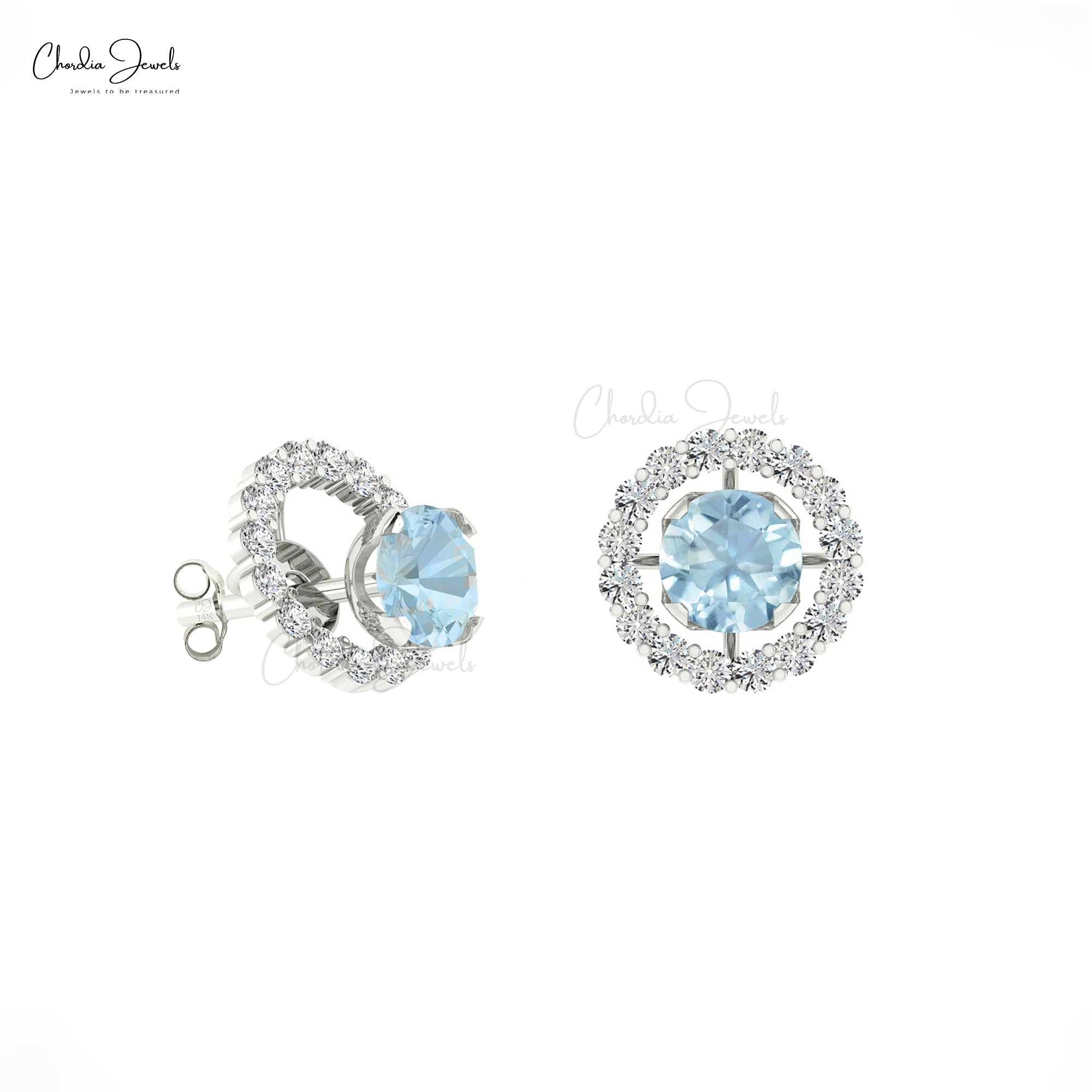 Round Natural Aquamarine and Diamond Halo Earrings for Women in 14K Gold