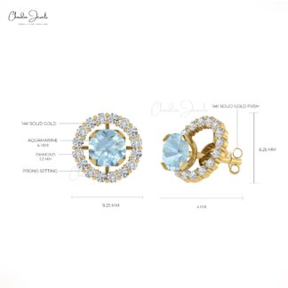 Round Natural Aquamarine and Diamond Halo Earrings for Women in 14K Gold