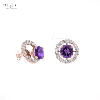 Real 14k Gold Sharing Prong Set White Diamond Detachable Earrings, 4mm Round Brilliant Cut Genuine Amethyst Earrings, 0.44 Ct February Birthstone Gemstone Minimalist Jewelry