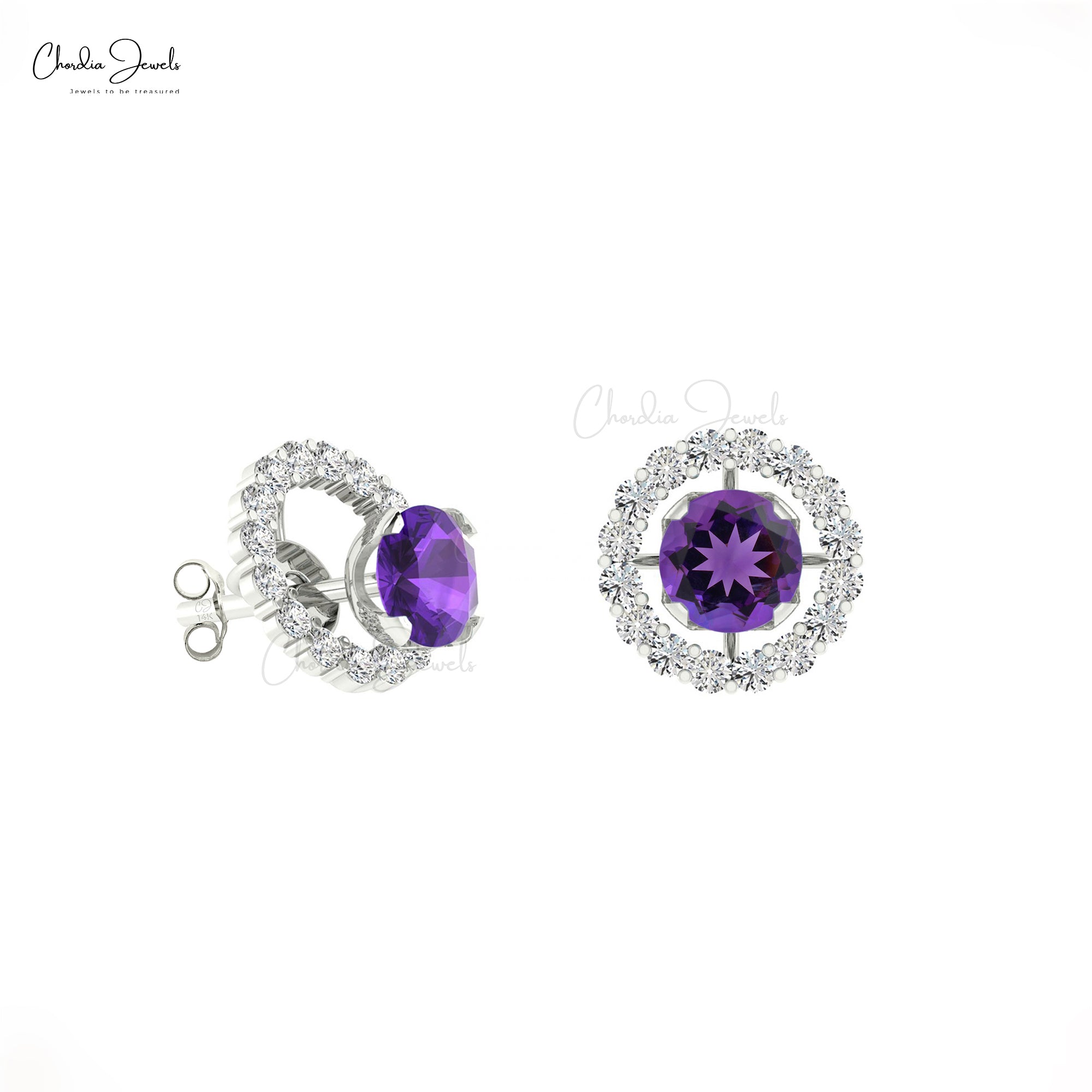 Real 14k Gold Sharing Prong Set White Diamond Detachable Earrings, 4mm Round Brilliant Cut Genuine Amethyst Earrings, 0.44 Ct February Birthstone Gemstone Minimalist Jewelry