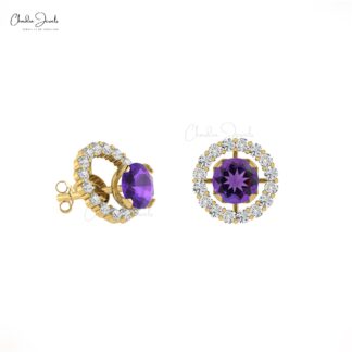 Real 14k Gold Sharing Prong Set White Diamond Detachable Earrings, 4mm Round Brilliant Cut Genuine Amethyst Earrings, 0.44 Ct February Birthstone Gemstone Minimalist Jewelry