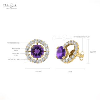 Real 14k Gold Sharing Prong Set White Diamond Detachable Earrings, 4mm Round Brilliant Cut Genuine Amethyst Earrings, 0.44 Ct February Birthstone Gemstone Minimalist Jewelry