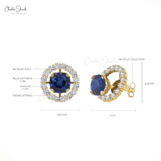Natural Blue Sapphire & Diamond Halo Earrings 14k Gold Jewelry For Wedding
