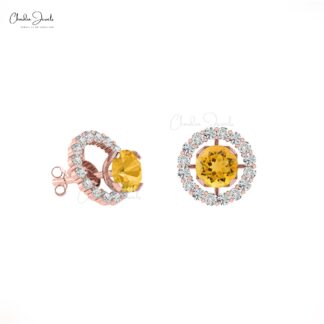 Delicate Citrine Dainty Earrings 4mm Brilliant Round Cut Gemstone Push Back Earrings Genuine 14k Real Gold Diamond Jewelry For Fiance Gift
