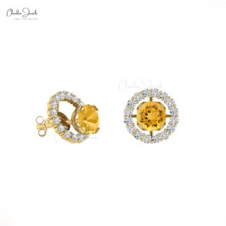Delicate Citrine Dainty Earrings 4mm Brilliant Round Cut Gemstone Push Back Earrings Genuine 14k Real Gold Diamond Jewelry For Fiance Gift