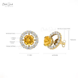 Delicate Citrine Dainty Earrings 4mm Brilliant Round Cut Gemstone Push Back Earrings Genuine 14k Real Gold Diamond Jewelry For Fiance Gift
