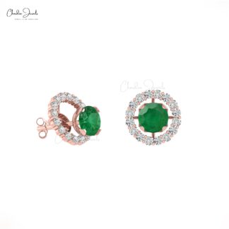 Natural Detachable Emerald Halo Earrings In 14k Solid Gold