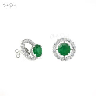 Natural Detachable Emerald Halo Earrings In 14k Solid Gold