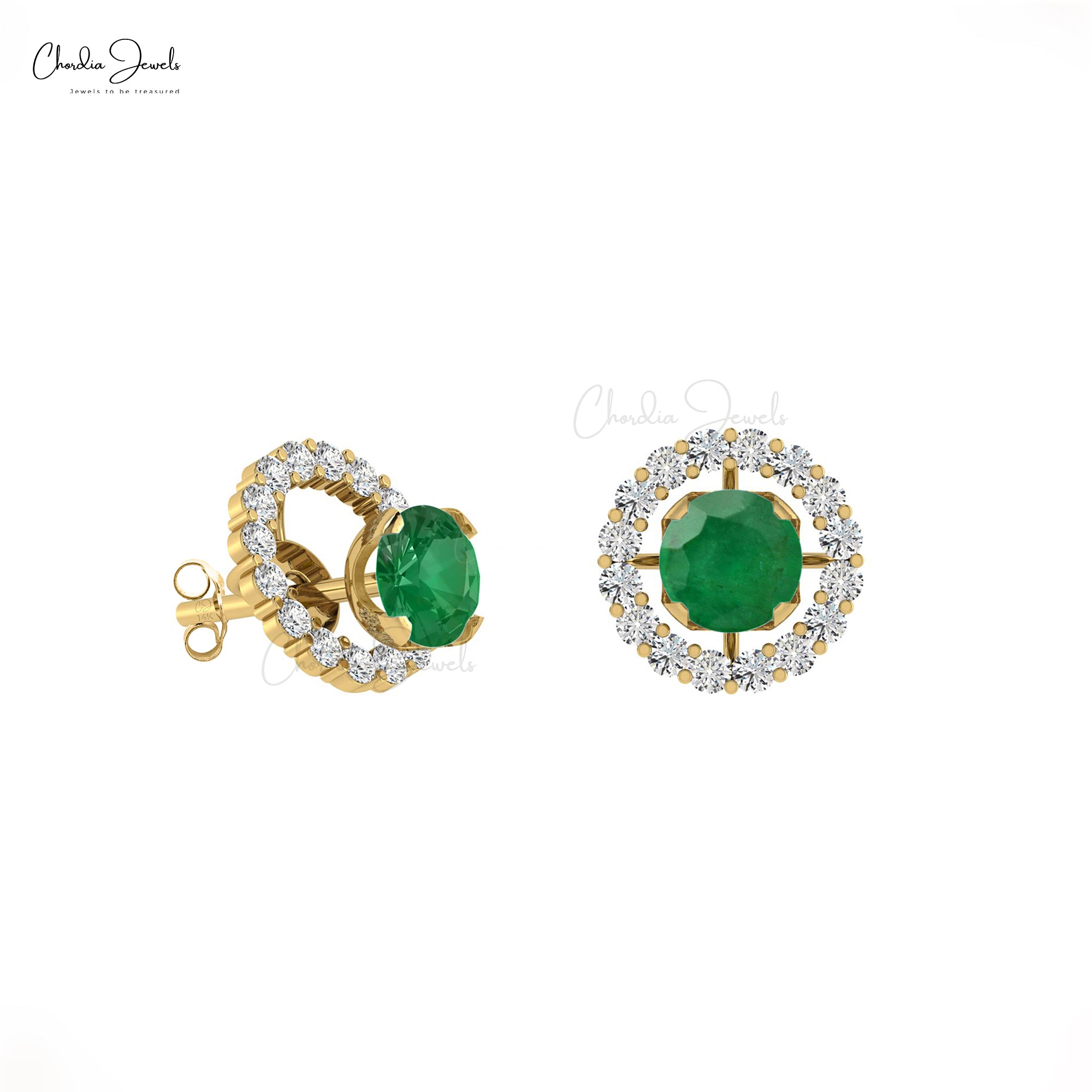 Natural Detachable Emerald Halo Earrings In 14k Solid Gold