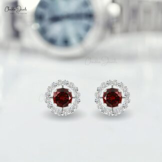 Genuine Round Brilliant Cut Garnet And Diamond Halo Detachable Earrings In 14K Gold