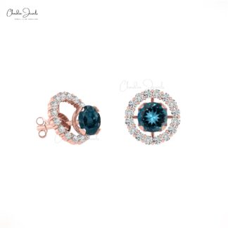 Elegant London Blue Topaz Studs 14k Real Gold Diamond Detachable Earrings 4mm Round Cut Natural Gemstone Birthday Gift Earrings