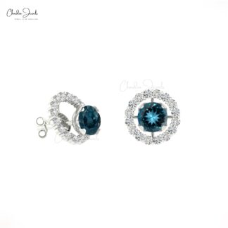 Elegant London Blue Topaz Studs 14k Real Gold Diamond Detachable Earrings 4mm Round Cut Natural Gemstone Birthday Gift Earrings