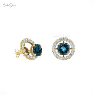 Elegant London Blue Topaz Studs 14k Real Gold Diamond Detachable Earrings 4mm Round Cut Natural Gemstone Birthday Gift Earrings